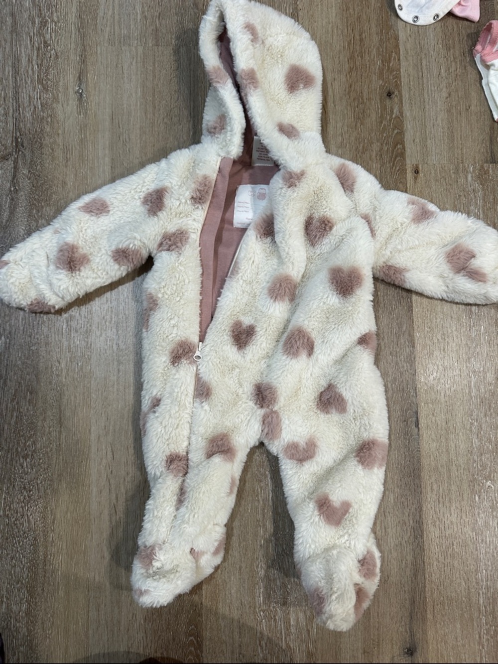 Cozy Heart-Print Hooded One-Piece in Cream and Pink - extremely warm winter